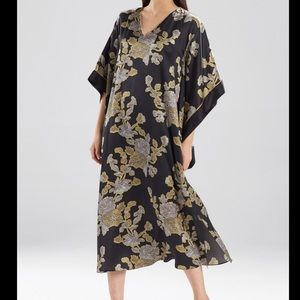 Black & golden dragon print silk Natori caftan kimono